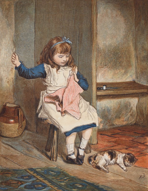 Niña cosiendo con gato a sus pies (litografía en color) de Robert Barnes