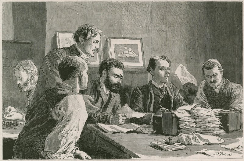 La gran huelga de los trabajadores portuarios en el East End: el comité de finanzas emitiendo boletos de ayuda en el Wade Arms, Jeremiah Street, Poplar, la sede de los huelguistas de Robert Barnes