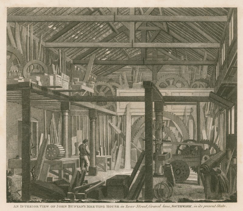 Vista interior de la casa de reuniones de John Bunyan en Zoar Street, Gravel Lane, Southwark, en su estado actual de Robert Blemell Schnebbelie