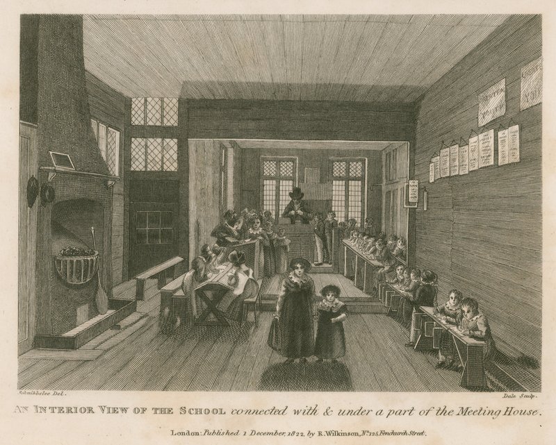 Vista interior de la escuela conectada y bajo una parte de lo que fue la casa de reuniones de John Bunyan de Robert Blemell Schnebbelie