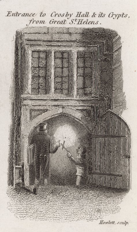 Entrada a Crosby Hall y sus criptas desde Great St Helens de Robert Blemell Schnebbelie