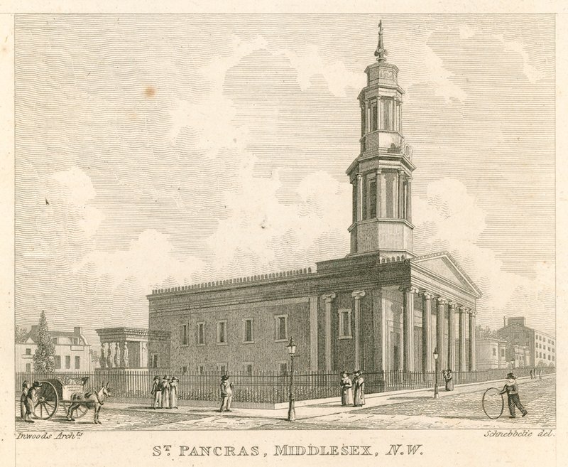 Iglesia de San Pancras, Londres, Middlesex; vista noroeste de Robert Blemell Schnebbelie