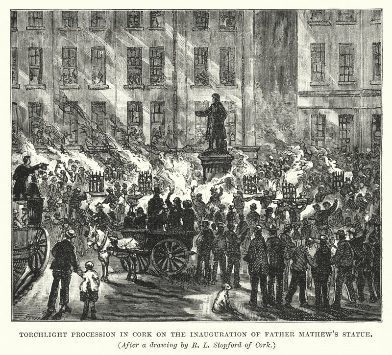 Procesión a la luz de las antorchas en Cork en la inauguración de la estatua del Padre Mathew (grabado) de Robert L. Stopford