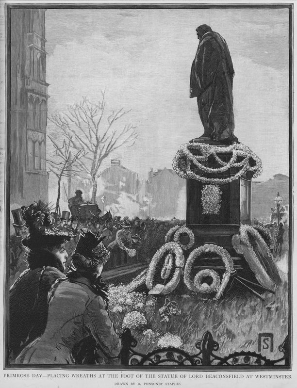 Colocando coronas a los pies de la estatua del estadista inglés Benjamin Disraeli en el Día de Primrose, el aniversario de su muerte, Westminster, Londres de Robert Ponsonby (after) Staples