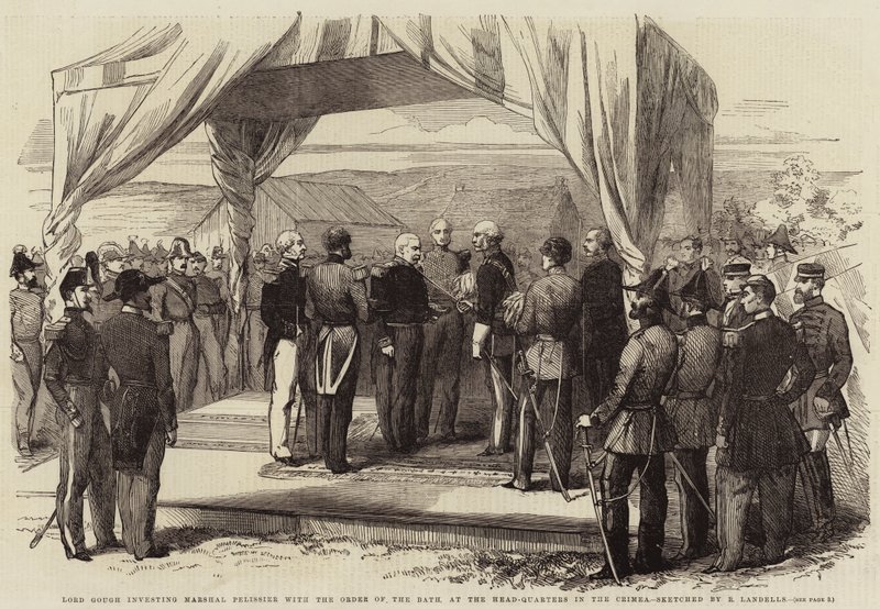 Lord Gough invistiendo al Mariscal Pelissier con la Orden del Baño, en el Cuartel General en Crimea de Robert Thomas Landells