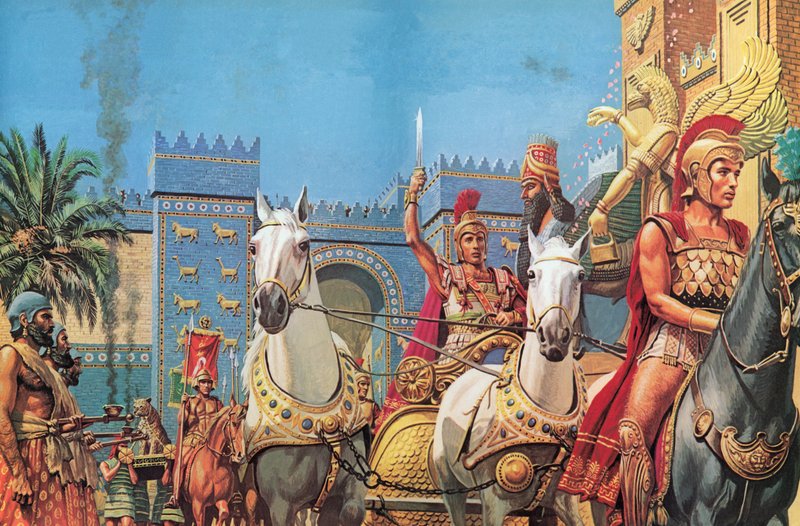 Alejandro Magno, en su carro, entrando triunfante en Babilonia (litografía en color) de Roger Payne