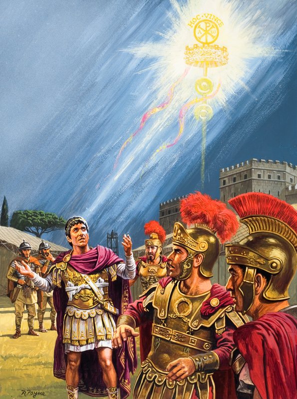 Visión de Constantino de la Cruz cristiana antes de la Batalla del Puente Milvio (gouache sobre papel) de Roger Payne