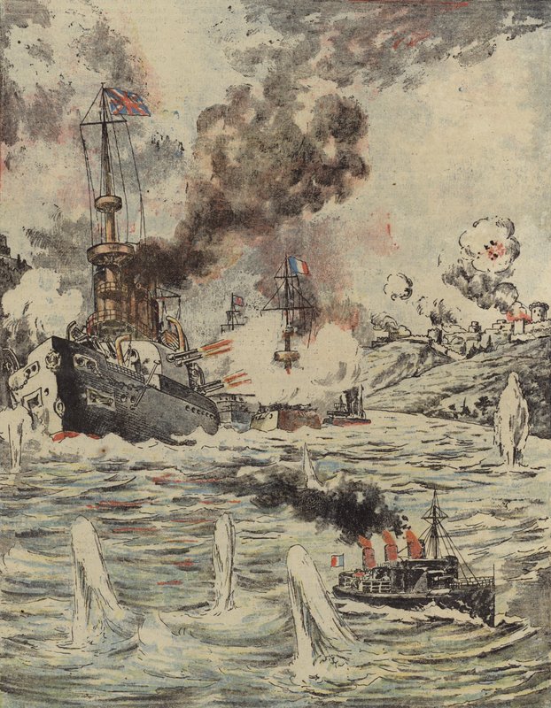 Buques de guerra británicos y franceses bombardeando posiciones turcas en los Dardanelos, 1915 de Romanian School