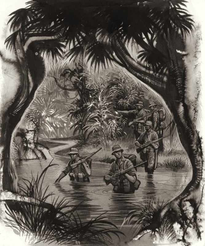 Tropas ANZAC cruzando un río selvático durante una patrulla de la II Guerra Mundial (gouache sobre papel) de Ron Embleton