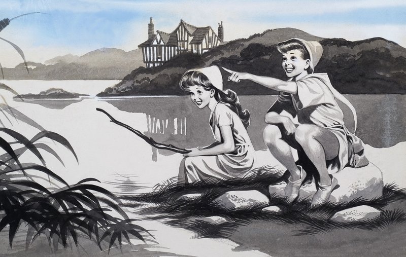 Chico y chica en un lago de Ron Embleton