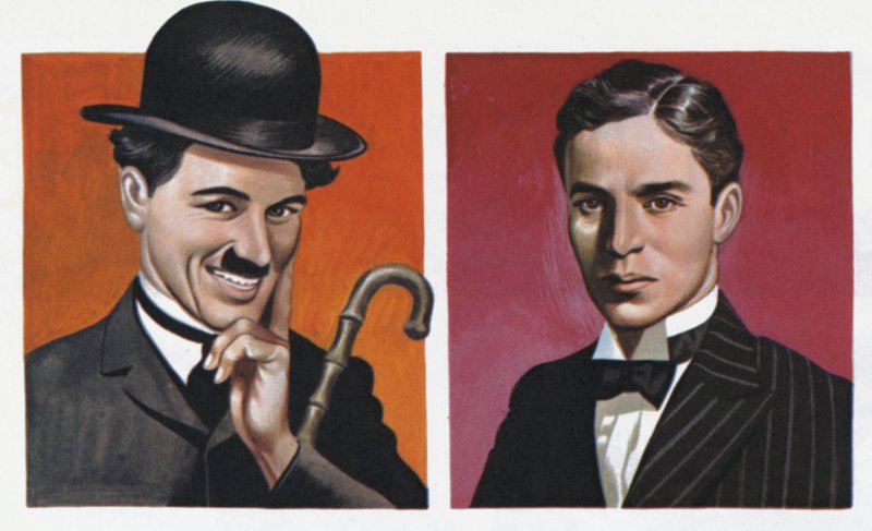 Charlie Chaplin, disfrazado y como era en realidad (litografía en color) de Ron Embleton