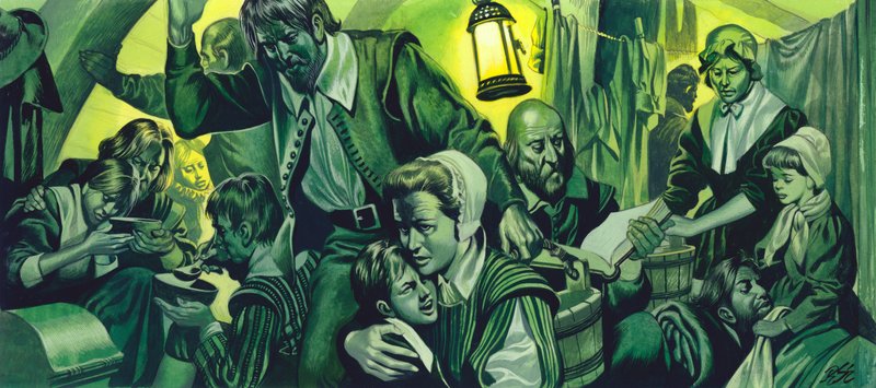 Hacinamiento en el Mayflower (gouache sobre papel) de Ron Embleton
