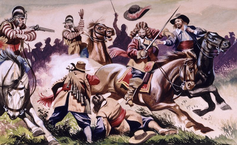 Escena de batalla de la Guerra Civil inglesa de Los niños de New Forest de Ron Embleton