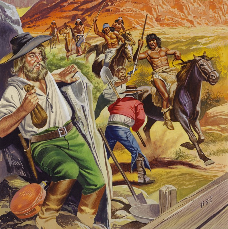 Jacob Waltz y su amigo atacados por indios apaches (gouache sobre papel) de Ron Embleton