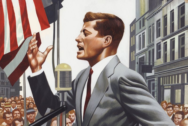 John Kennedy hablando (gouache sobre papel) de Ron Embleton