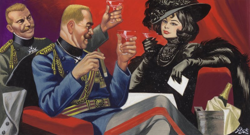 Mata Hari con unos amigos entre el Alto Mando alemán (gouache sobre papel) de Ron Embleton