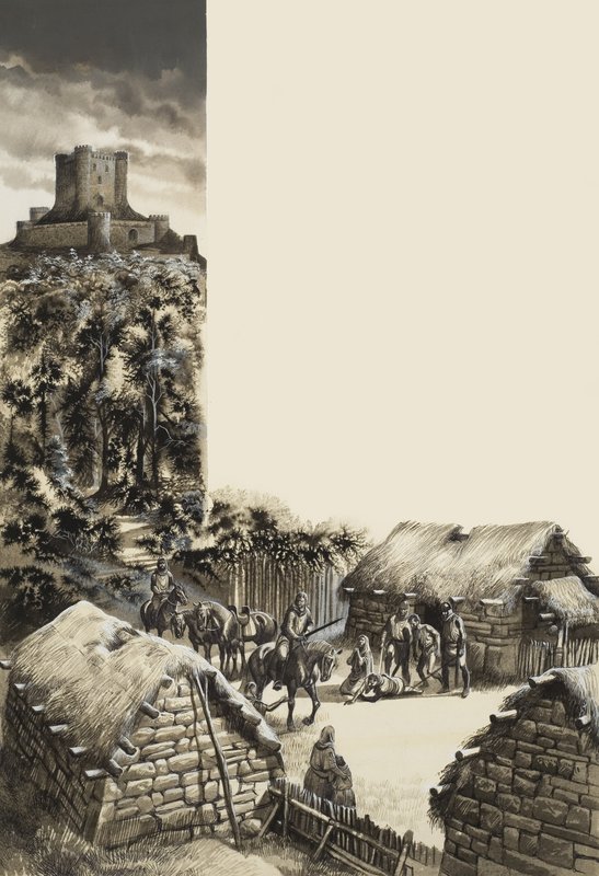 Aldea medieval (gouache sobre papel) de Ron Embleton