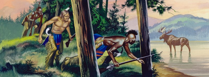 Indios nativos americanos al acecho de un alce (gouache sobre papel) de Ron Embleton