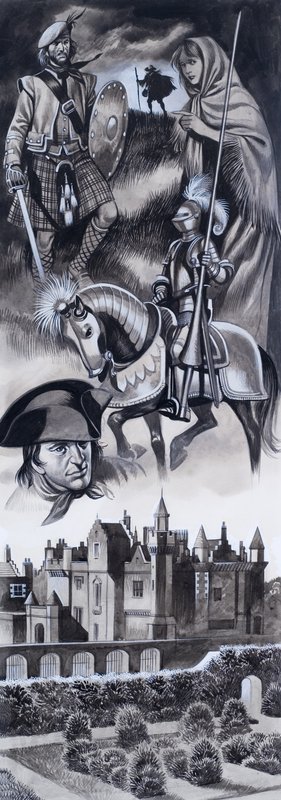 Castillo escocés y personalidades de la historia de Escocia (gouache sobre papel) de Ron Embleton