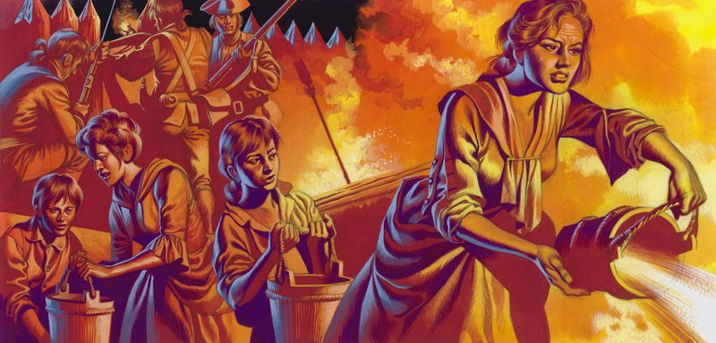 Colonos atacados por indios americanos (gouache sobre papel) de Ron Embleton