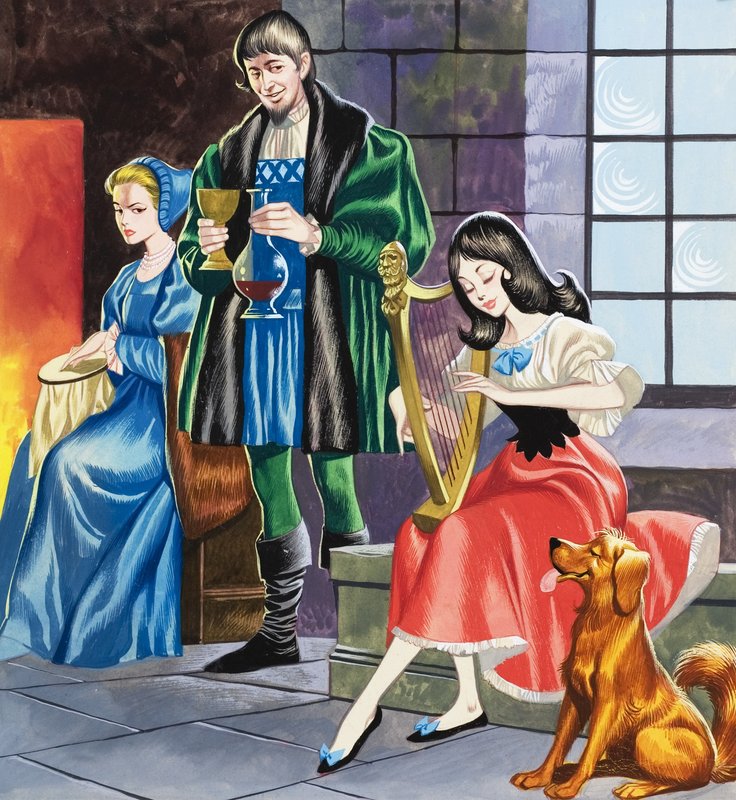 Blancanieves tocando el arpa para su padre (gouache sobre papel) de Ron Embleton
