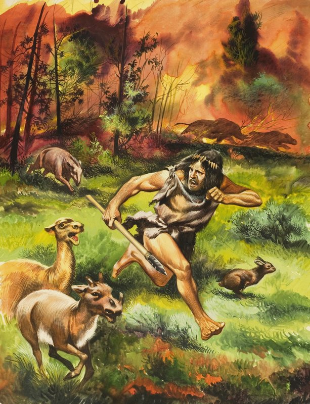 Hombre de la Edad de Piedra huyendo del fuego de Ron Embleton