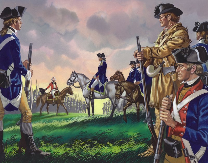 Rendición del general Cornwallis al comandante estadounidense en Yorktown, Virginia, el 19 de octubre de 1781 () (gouache sobre papel) de Ron Embleton