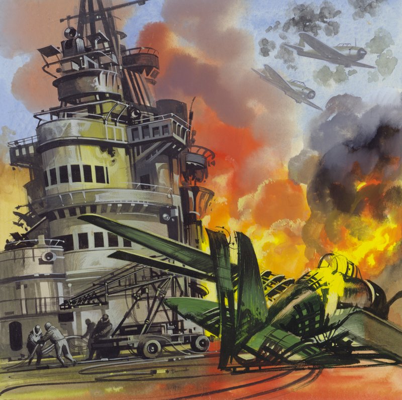 La batalla de Midway (gouache sobre papel) de Ron Embleton