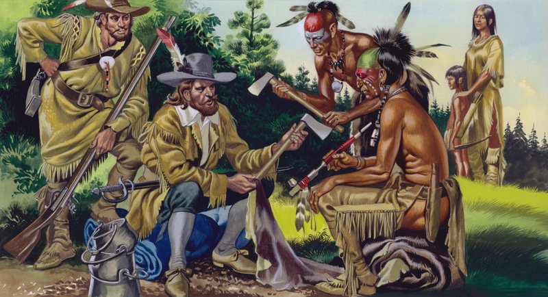 Los franceses en Canadá, negociando pieles con los indios nativos (gouache sobre papel) de Ron Embleton