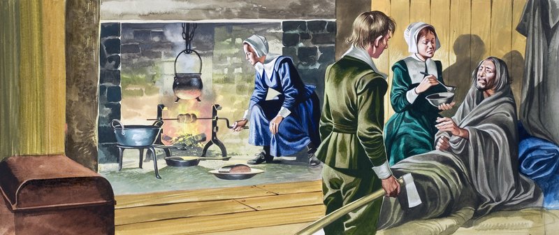 Los Padres Peregrinos en casas a medio construir de Ron Embleton