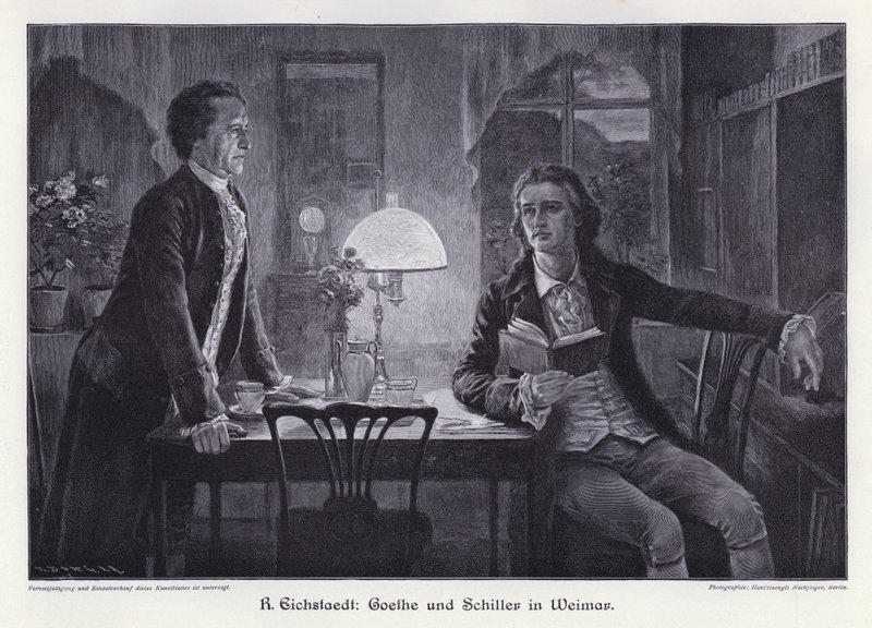 Escritores alemanes Friedrich Schiller y Johann Wolfgang von Goethe en Weimar (grabado) de Rudolf Eichstaedt