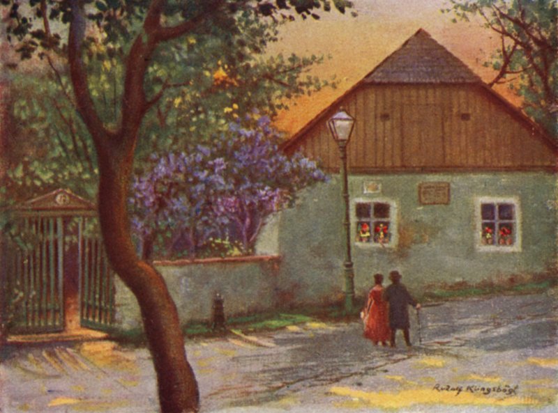 Casa de campo de Johann Strauss en el barrio vienés de Salmannsdorf (litografía en color) de Rudolf Klingsbogl