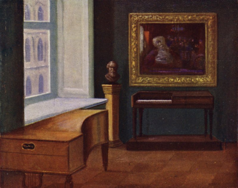 La espineta de Mozart (derecha) y el piano de Hugo Wolf (izquierda) en el Museo de la Ciudad de Viena (litografía en color) de Rudolf Klingsbogl
