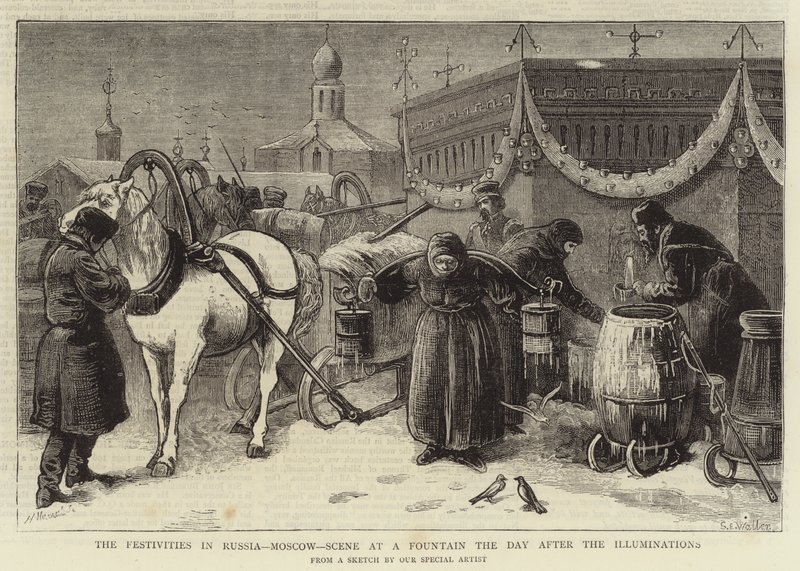 Las festividades en Rusia, Moscú, escena en una fuente el día después de las iluminaciones de Samuel Edmund Waller