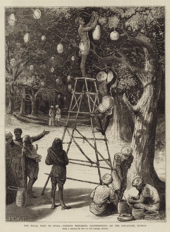 La visita real a la India, nativos preparando iluminaciones en la explanada, Bombay de Samuel Edmund Waller