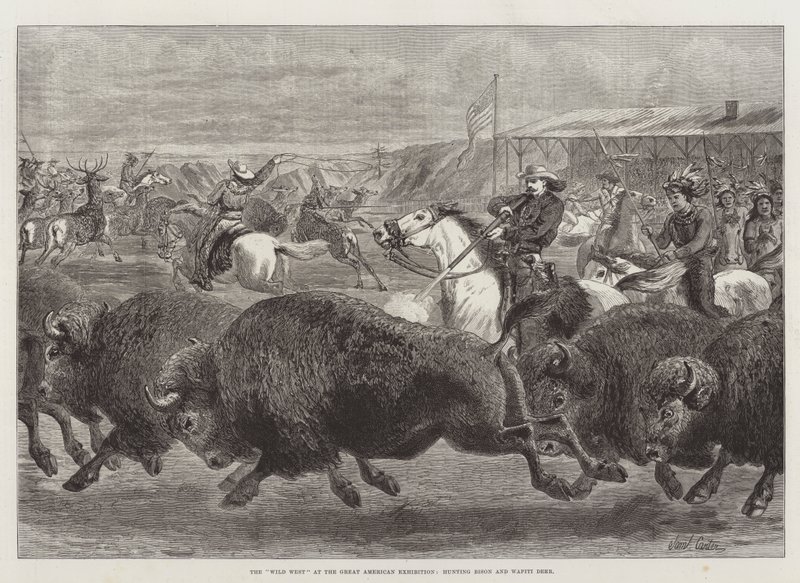 El Lejano Oeste en la Gran Exposición Americana, caza de bisontes y ciervos wapiti de Samuel John Carter