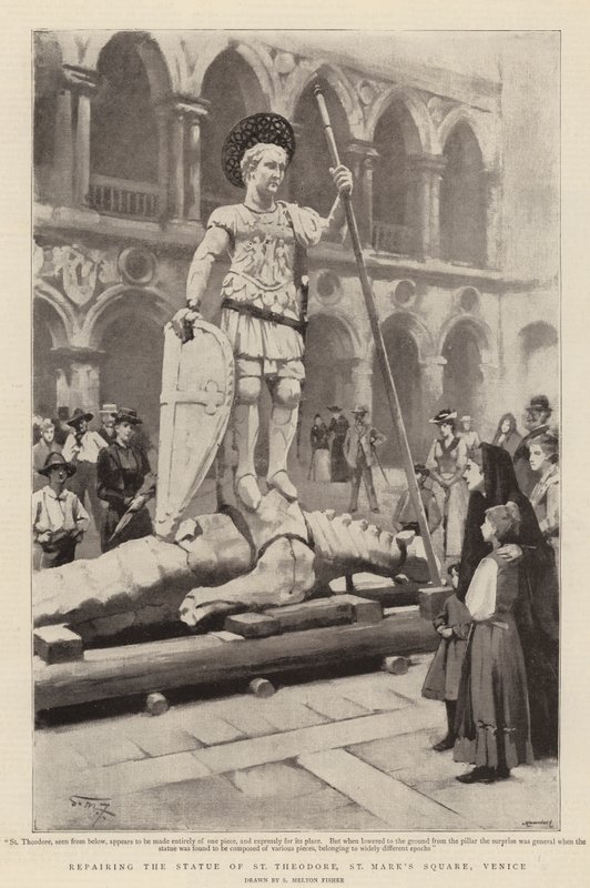 Reparando la estatua de San Teodoro, Plaza de San Marcos, Venecia de Samuel Melton Fisher