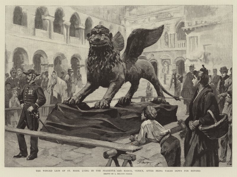 El León Alado de San Marcos en la Piazzetta San Marco, Venecia, después de ser bajado para reparaciones de Samuel Melton Fisher