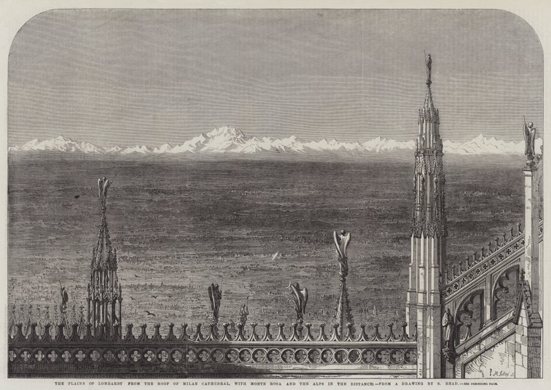 Las llanuras de Lombardía desde el techo de la Catedral de Milán, con Monte Rosa y los Alpes en la distancia de Samuel Read
