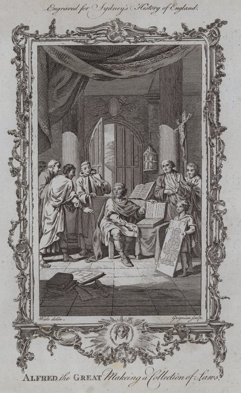 Alfredo el Grande haciendo una colección de leyes (grabado) de Samuel (after) Wale