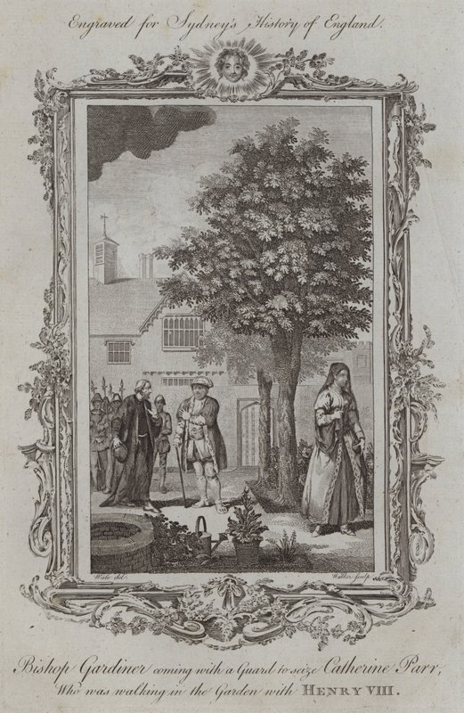 El obispo Gardiner viniendo con una guardia para arrestar a Catherine Parr, quien estaba caminando en el jardín con Enrique VIII (grabado) de Samuel (after) Wale