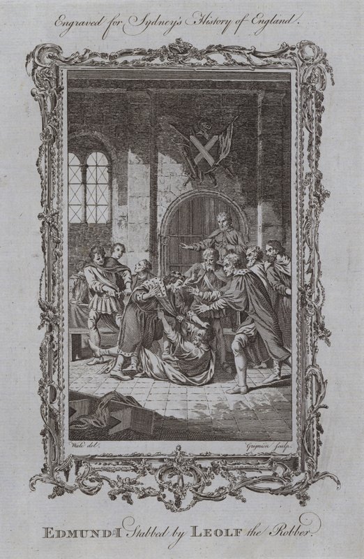 Edmundo I apuñalado por Leolf el ladrón (grabado) de Samuel (after) Wale