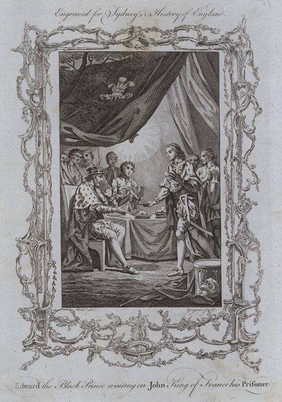 Eduardo el Príncipe Negro sirviendo al rey Juan de Francia, su prisionero (grabado) de Samuel (after) Wale