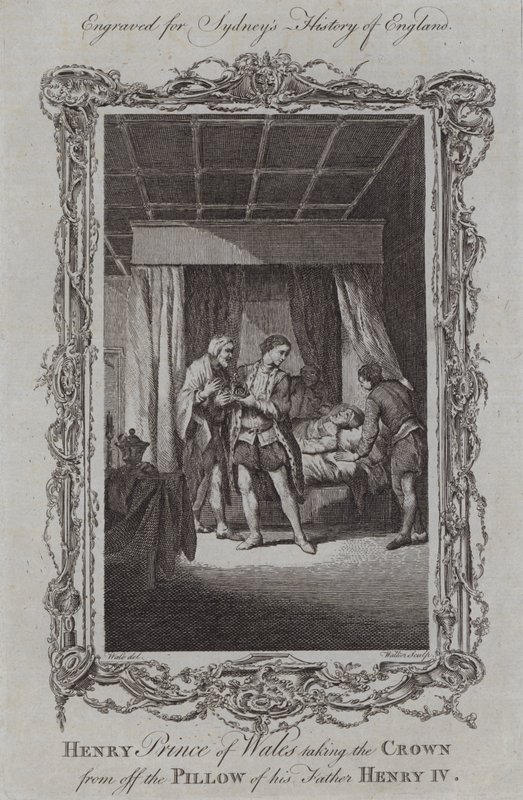 Enrique Príncipe de Gales tomando la corona de la almohada de su padre Enrique IV (grabado) de Samuel (after) Wale