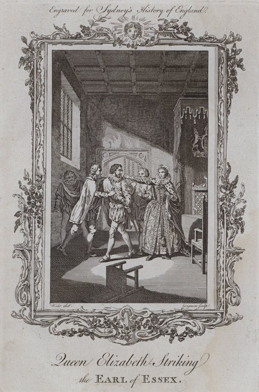 La reina Isabel golpeando al conde de Essex (grabado) de Samuel (after) Wale