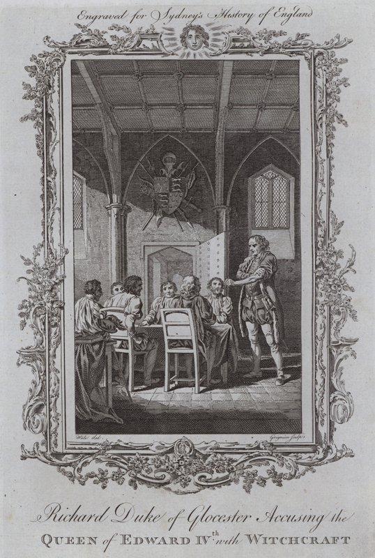 Ricardo, duque de Gloucester acusando a la reina de Eduardo IV de brujería (grabado) de Samuel (after) Wale