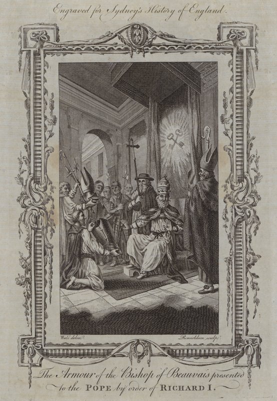 La armadura del obispo de Beauvais presentada al Papa por orden de Ricardo I (grabado) de Samuel (after) Wale