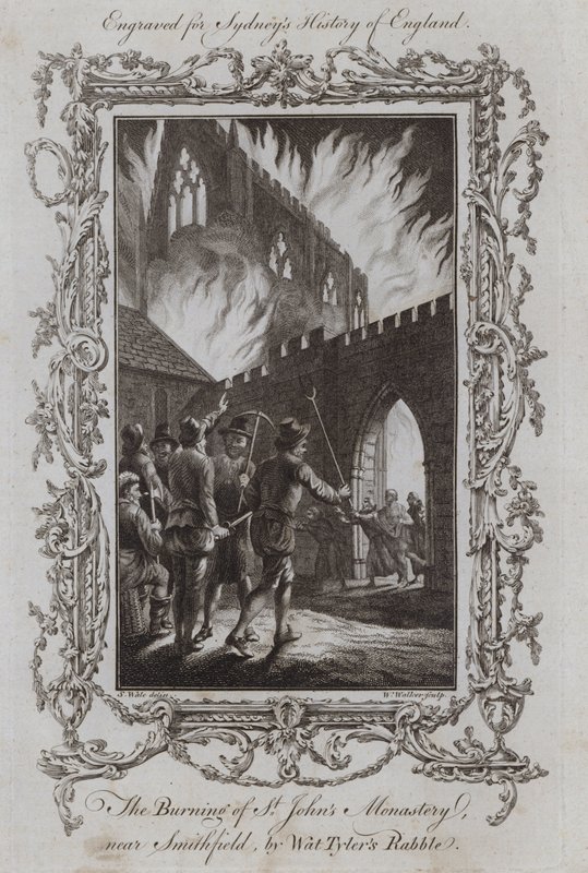 El incendio del monasterio de San Juan, cerca de Smithfield, por la turba de Wat Tyler (grabado) de Samuel (after) Wale