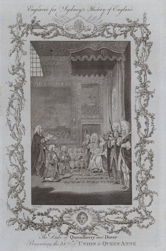 El duque de Queensberry y Dover presentando el Acta de Unión a la reina Ana (grabado) de Samuel (after) Wale