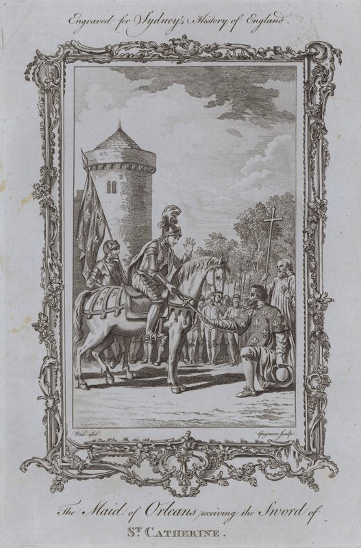 La Doncella de Orleans recibiendo la espada de Santa Catalina (grabado) de Samuel (after) Wale